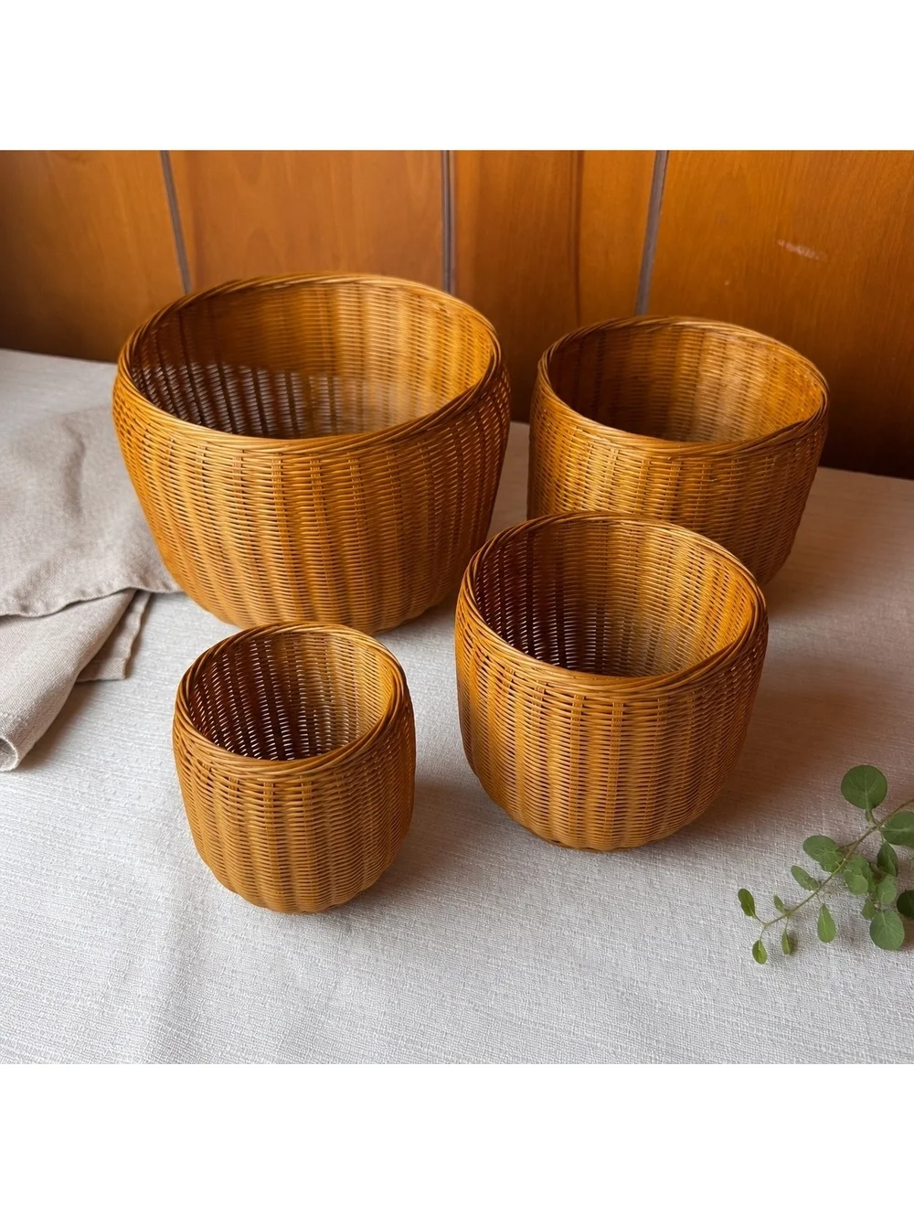Set of 4 Nesting Wicker Baskets Small Round Woven Rattan Boho Home Decor